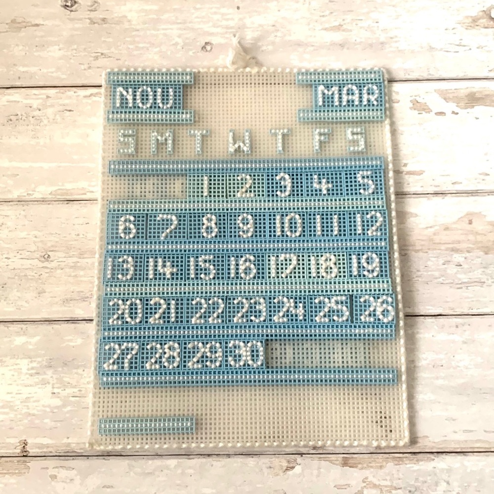Vintage Handmade Cross Stitch Calendar Blue White Colors Cottagecore Retro